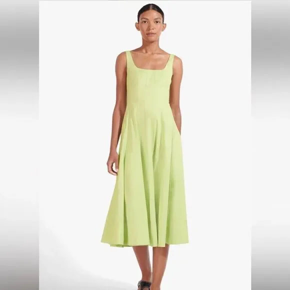 NWT STAUD WELLS midi dress, light green, stretch cotton Size 12 - Picture 4 of 12